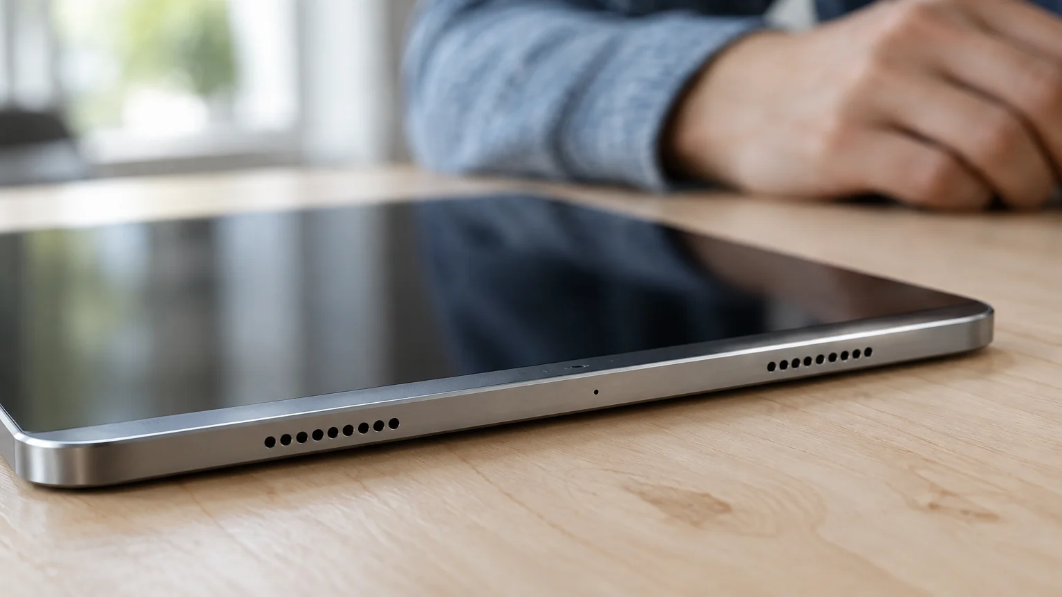 Close-up of the edge of a digital tablet showing speaker grilles and a microphone hole on a wooden desk.