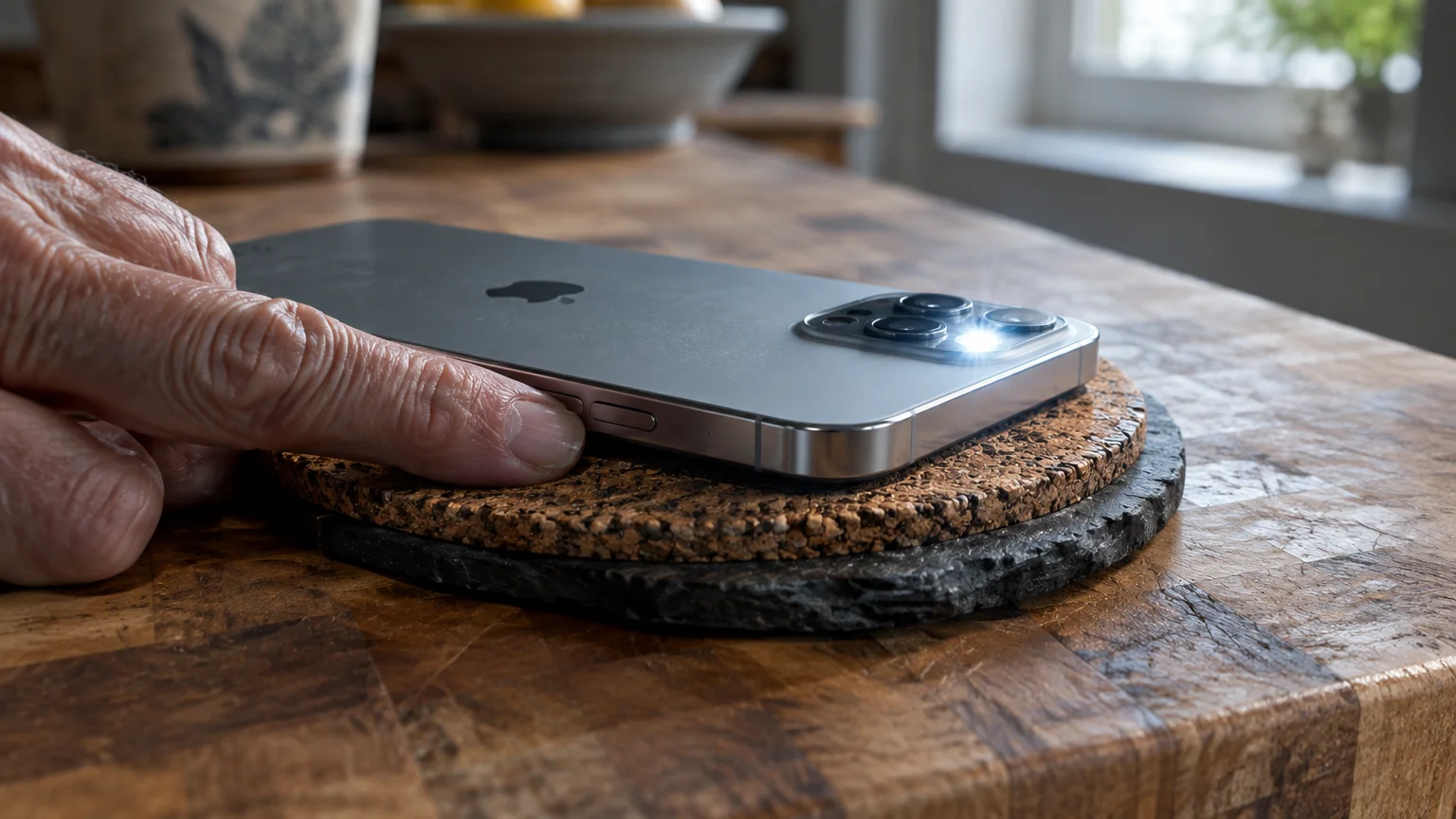 A smartphone rests face-down on a cork coaster with its rear LED flash illuminated beside a person's finger.