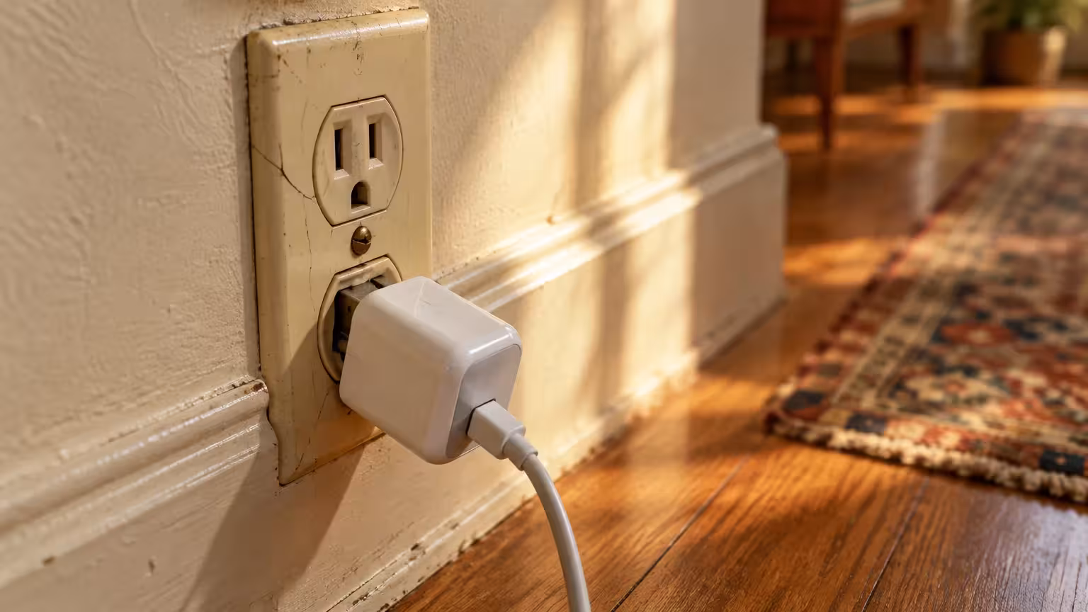 A white power adapter plugged into an aged, discolored wall outlet near wooden baseboards and flooring.