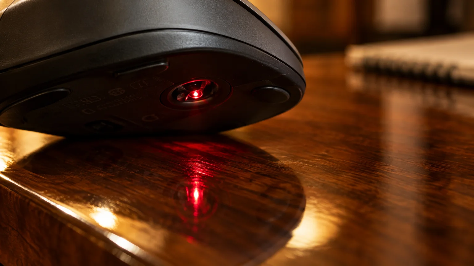 Underside of a wireless mouse showing its glowing red optical sensor reflected on a glossy wooden table.