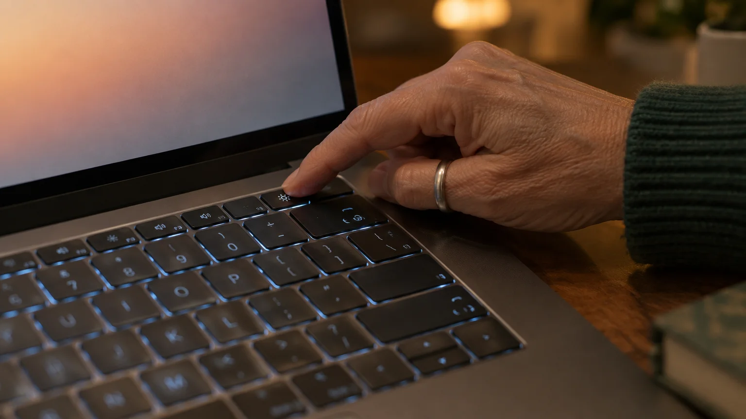 A hand presses the brightness key on a backlit laptop keyboard next to an open screen.
