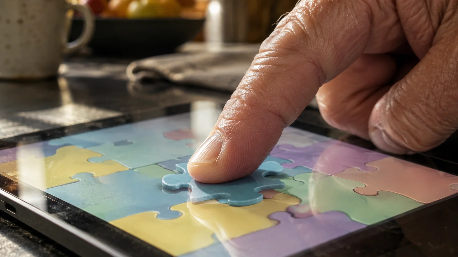 Close-up of an elderly person's index finger pressing a colorful jigsaw puzzle piece on a tablet screen.