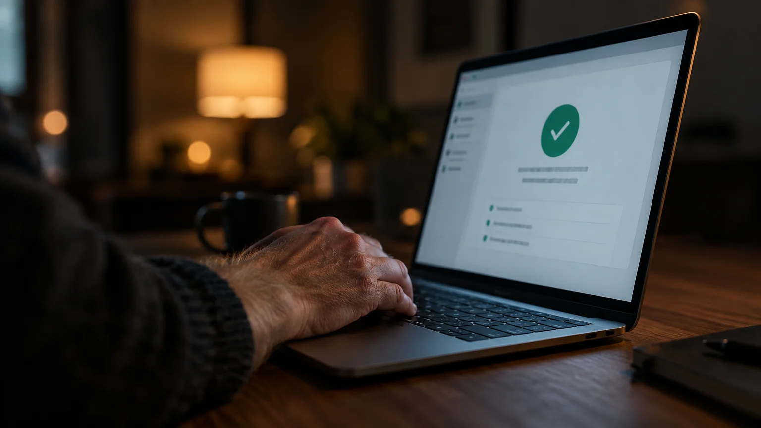 A person's hands typing on a laptop displaying a green checkmark circle on the screen in a dimly lit room.