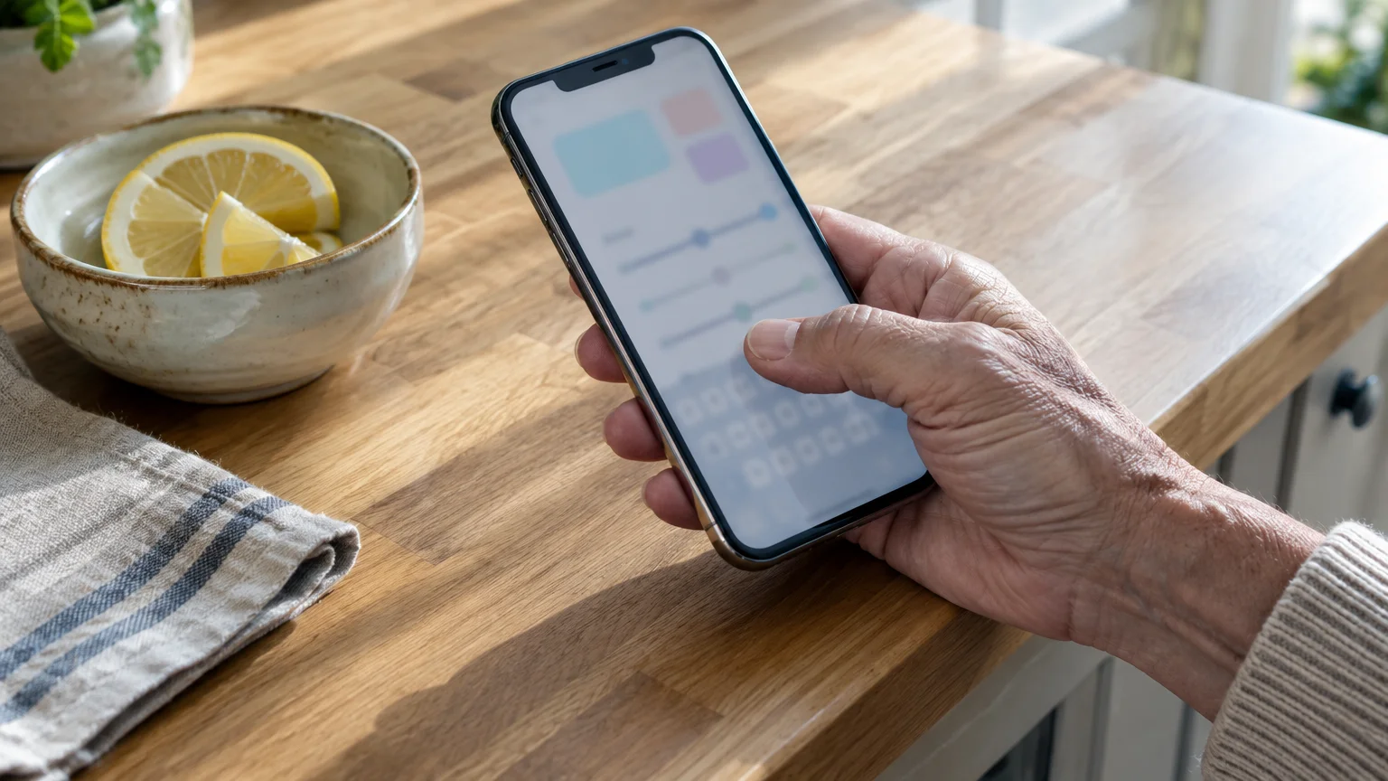 A person's hand holding a smartphone above a wooden table next to a small bowl with lemon slices.