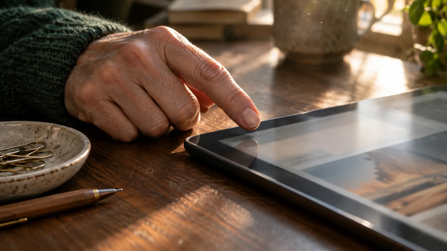 A person's hand tapping the screen of a tablet resting on a wooden desk near a pen and paperclips.