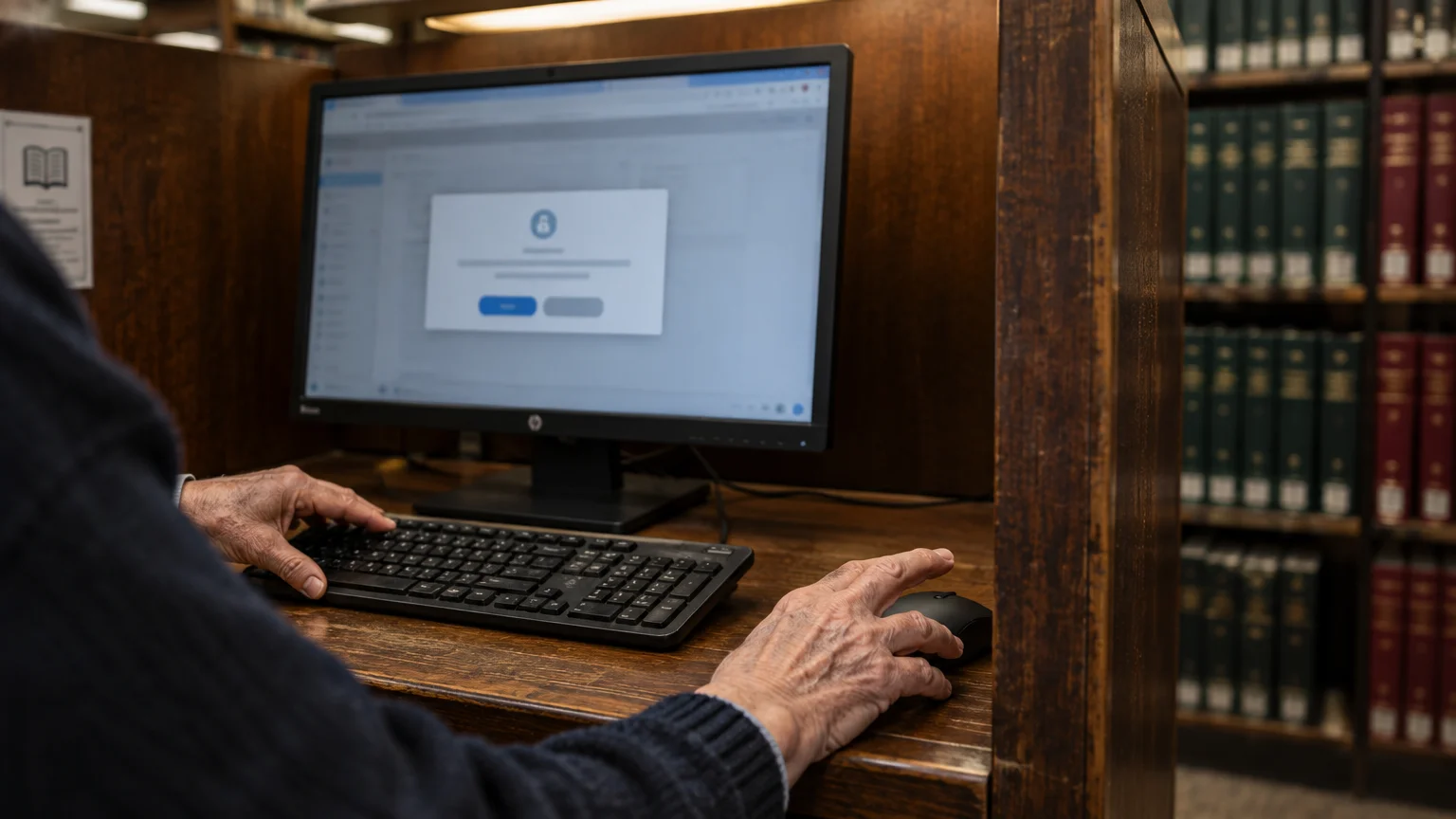 A person using a desktop computer at a wooden cubicle in a library, showing a login prompt on screen.