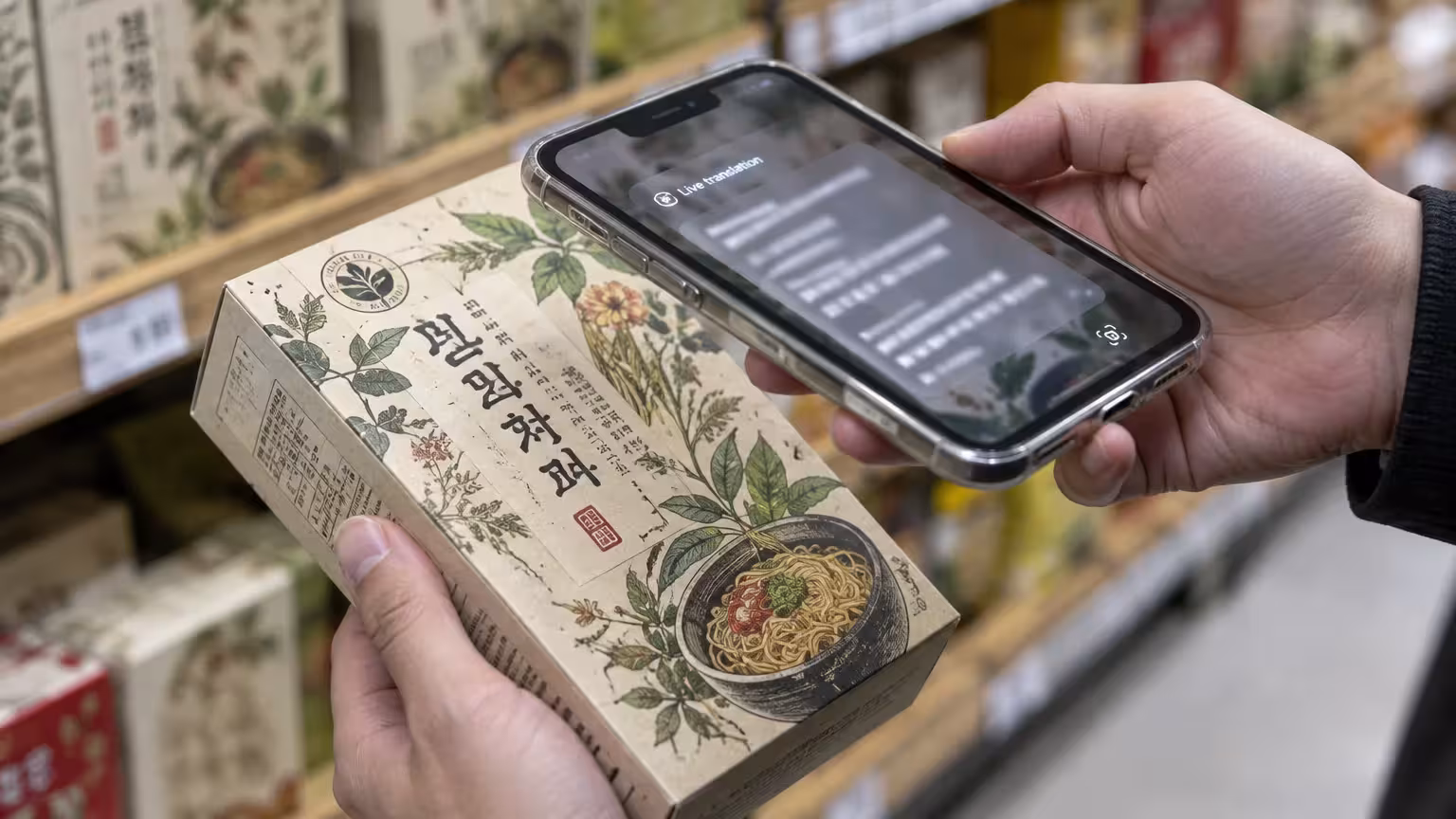 Hands hold a smartphone running live translation over an imported noodle package in a grocery store aisle.