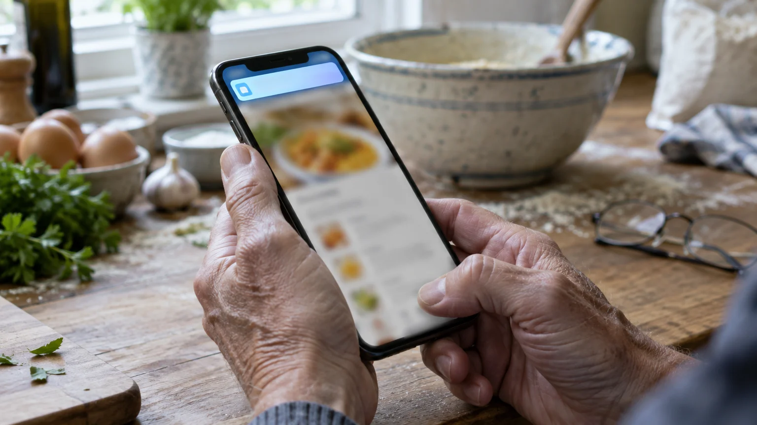 Close-up of an older person's hands holding a smartphone displaying a recipe and a top banner alert on a rustic wooden table.