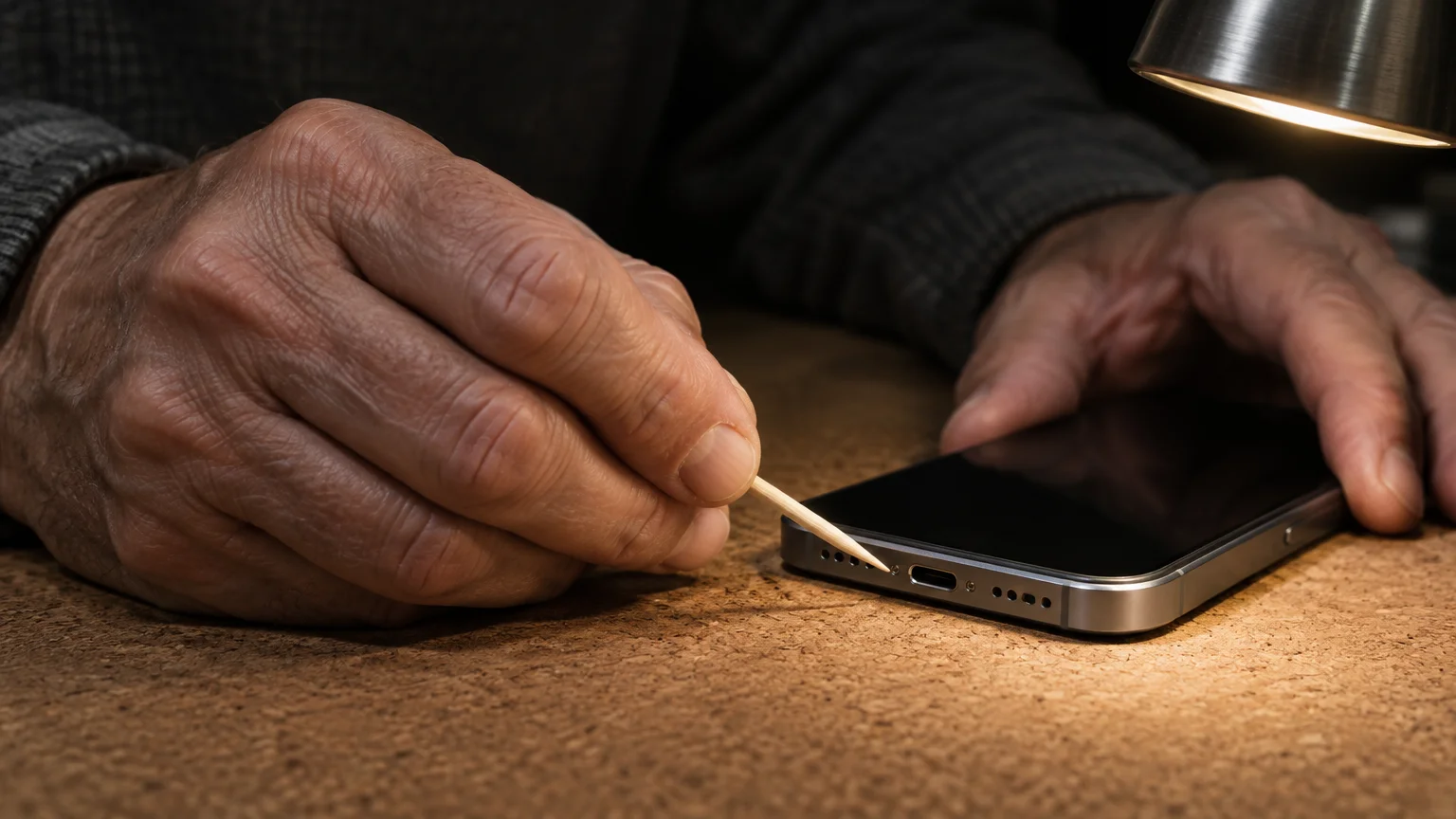 Close-up of hands using a wooden toothpick near the charging port and speaker holes of a smartphone under a lamp.