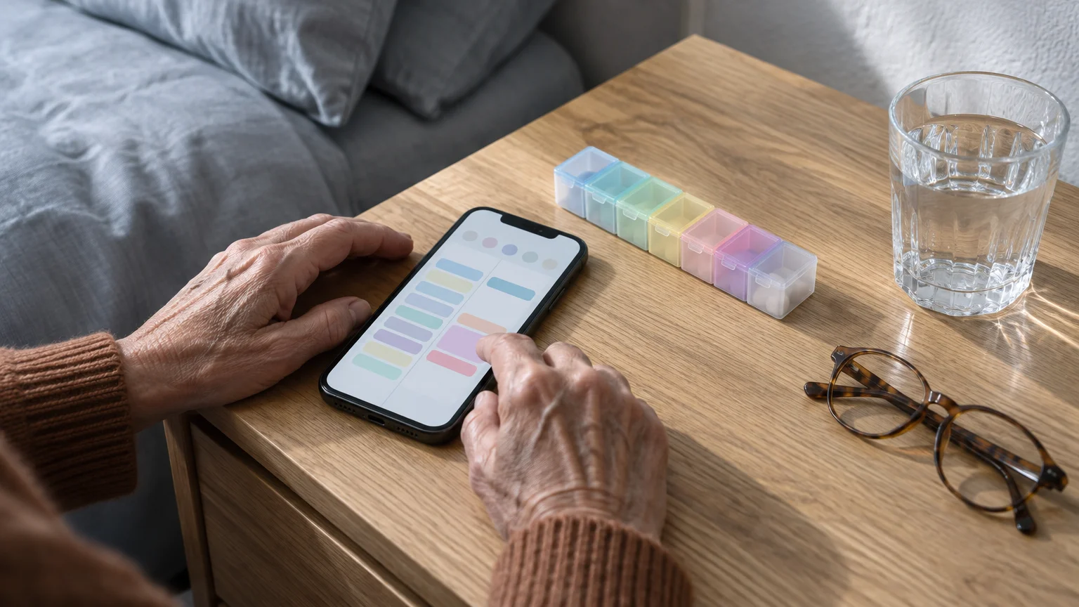 An older person taps a smartphone on a nightstand beside a weekly pillbox, eyeglasses, and a glass of water.