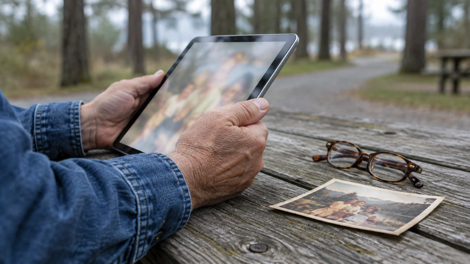 Person holding a tablet displaying a family photo next to an old printed photograph and eyeglasses on a wooden table.