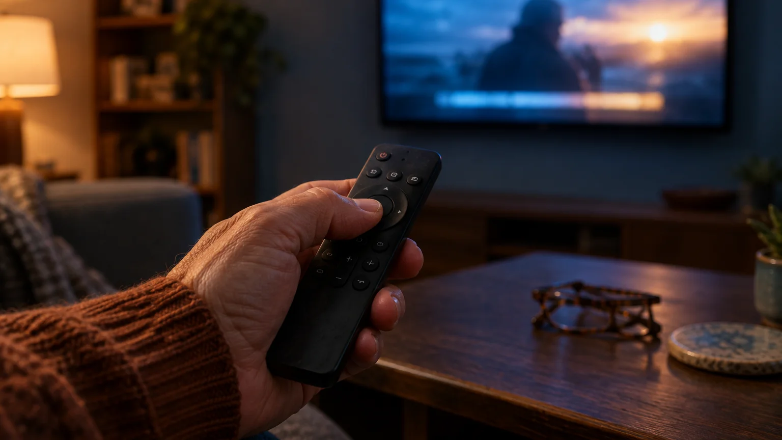Close-up of a person holding a black remote control aimed toward a glowing television screen in a dimly lit living room.