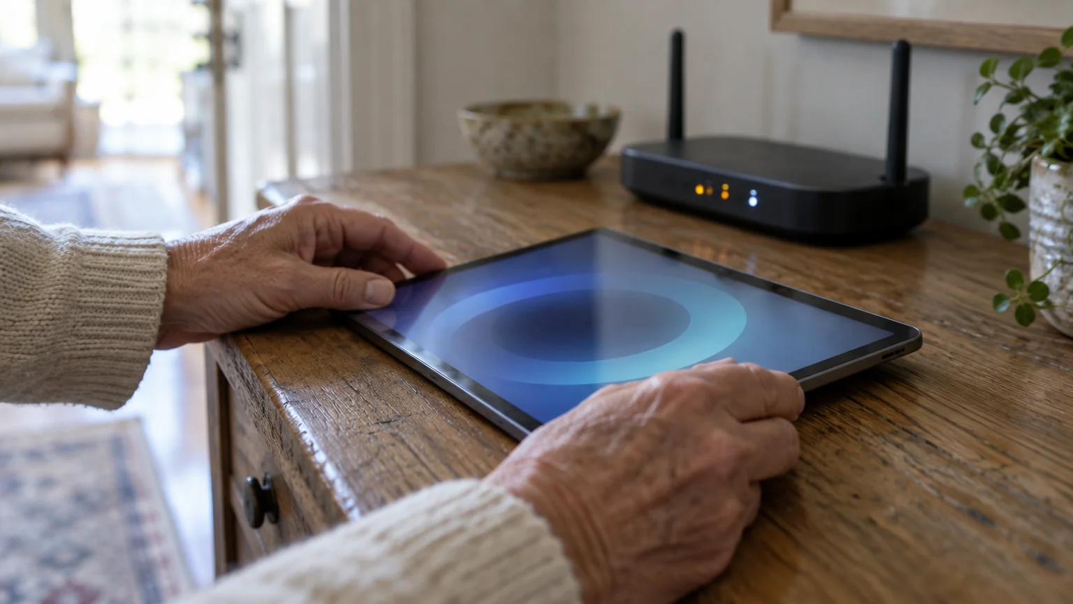 Older hands holding a digital tablet on a wooden table beside a Wi-Fi router with dual antennas.