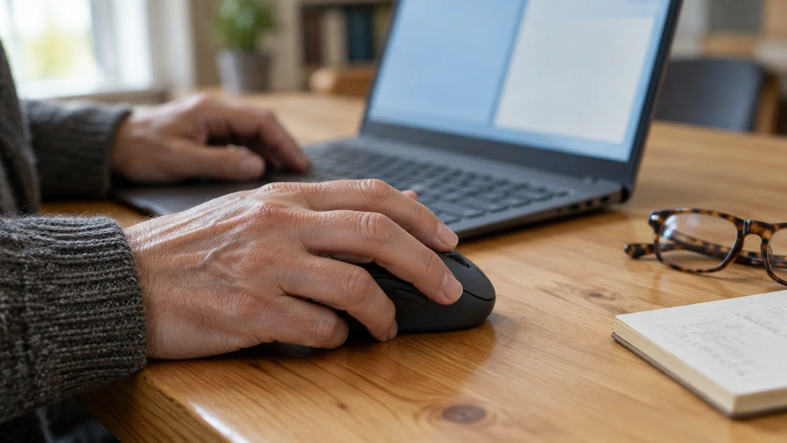 Close-up of a person's hand using a computer mouse on a wooden desk next to an open laptop and eyeglasses.
