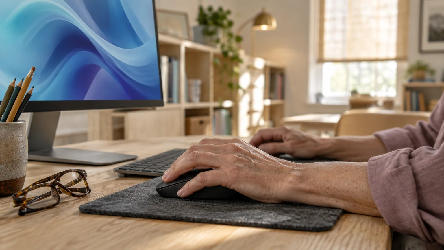 Person using a computer mouse and keyboard at a wooden desk with a monitor displaying an abstract blue desktop.