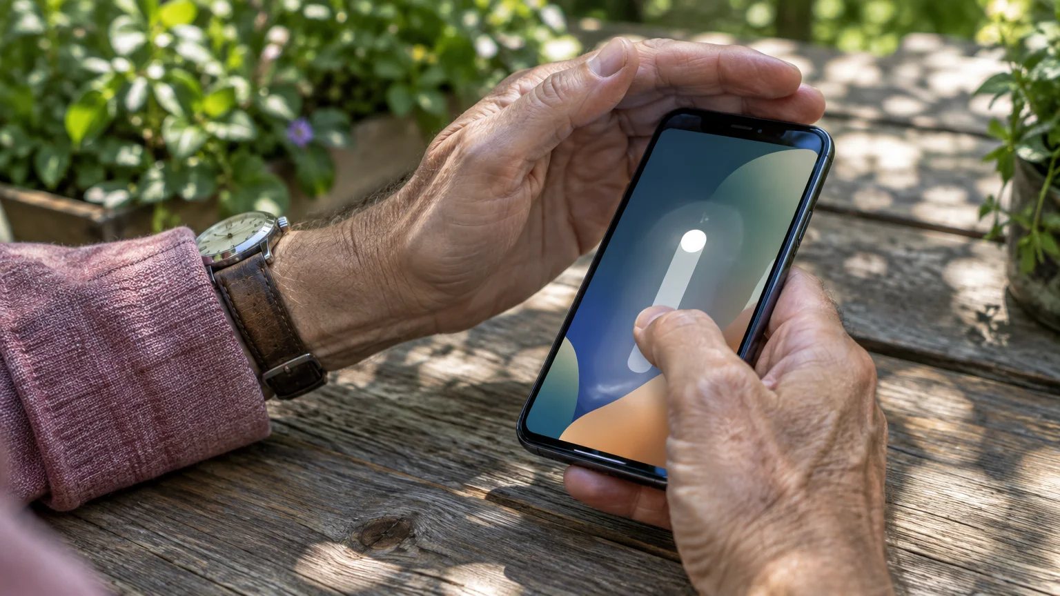 Older person's hands holding a smartphone on a rustic wooden outdoor table, adjusting a bright slider on the screen.