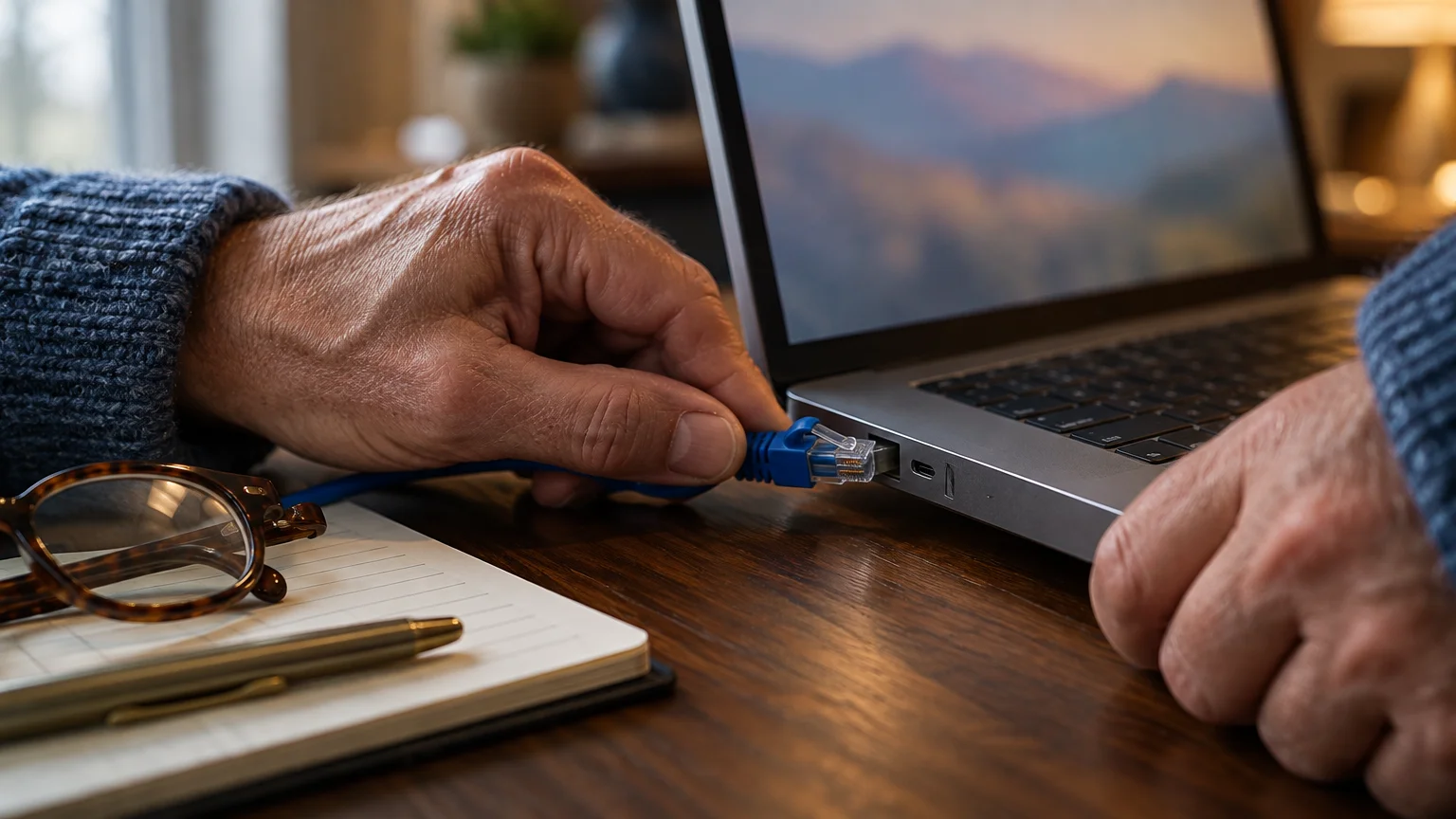 Close-up of hands unplugging a blue ethernet cable from the side port of a laptop on a wooden desk.