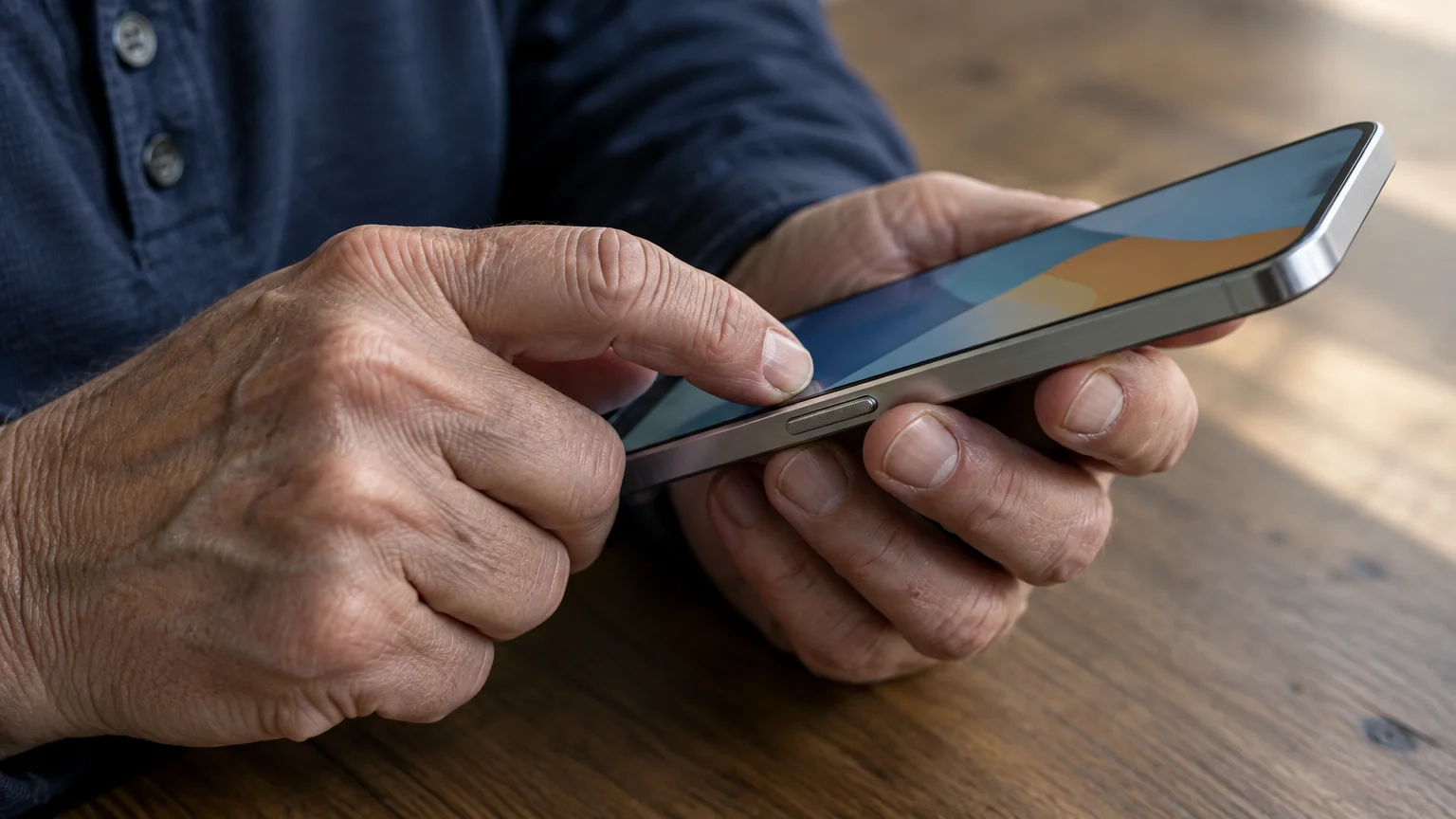 Close-up of an older person's hands holding and using a modern smartphone with a metallic edge over a wooden table.