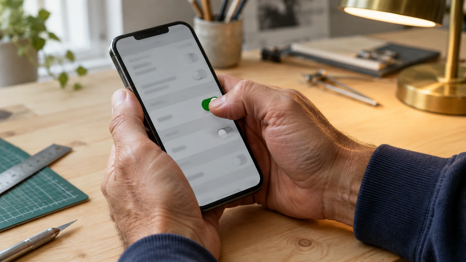 Hands holding a smartphone over a wooden desk, with a thumb tapping a green toggle switch on the screen.