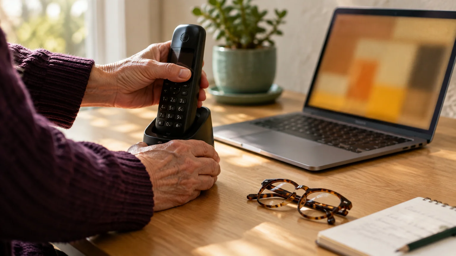 Older person's hands holding a cordless phone on a wooden desk next to a laptop, glasses, and a notebook.