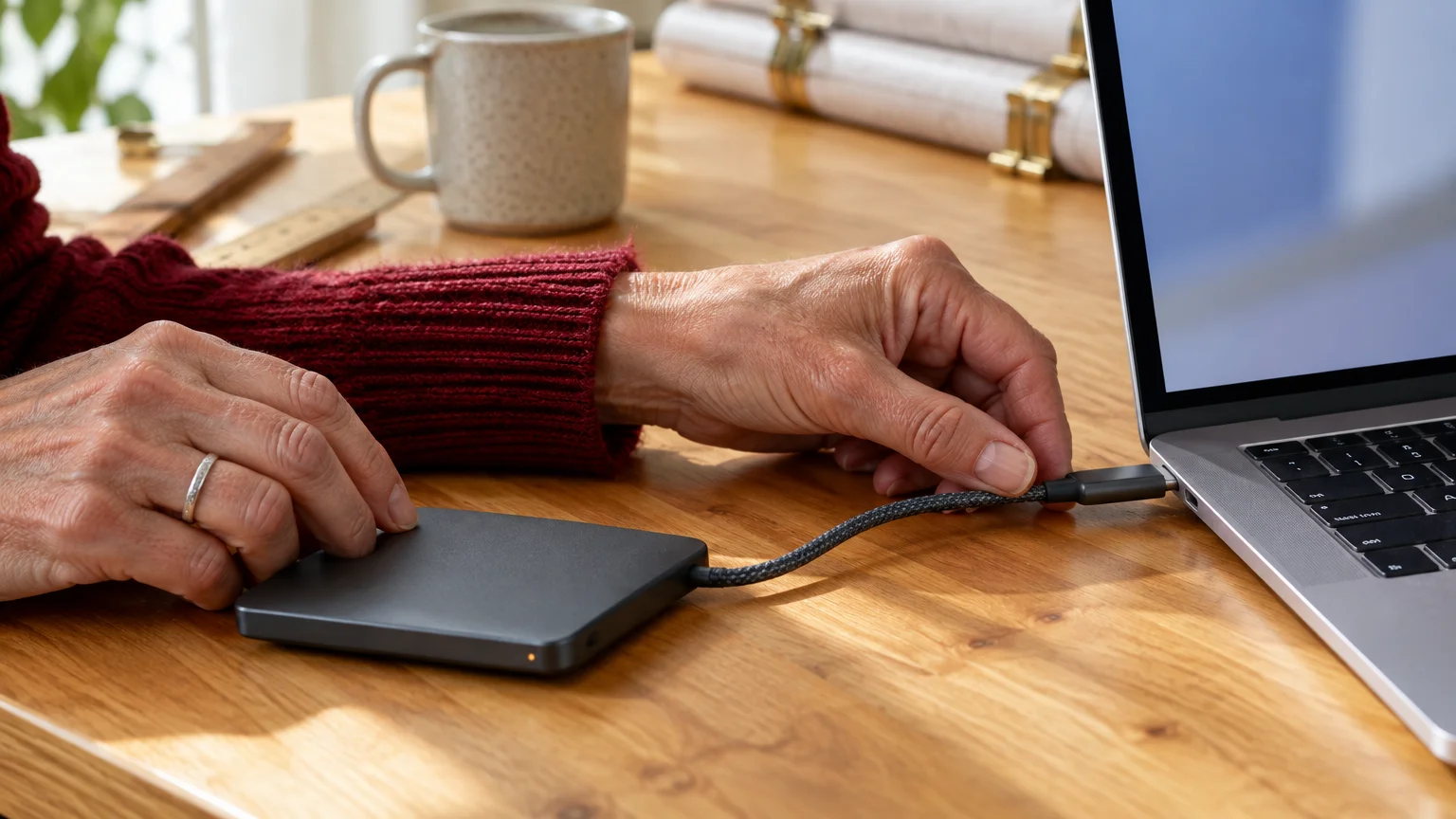 A person's hands connecting a portable external hard drive via cable to a laptop on a wooden desk.