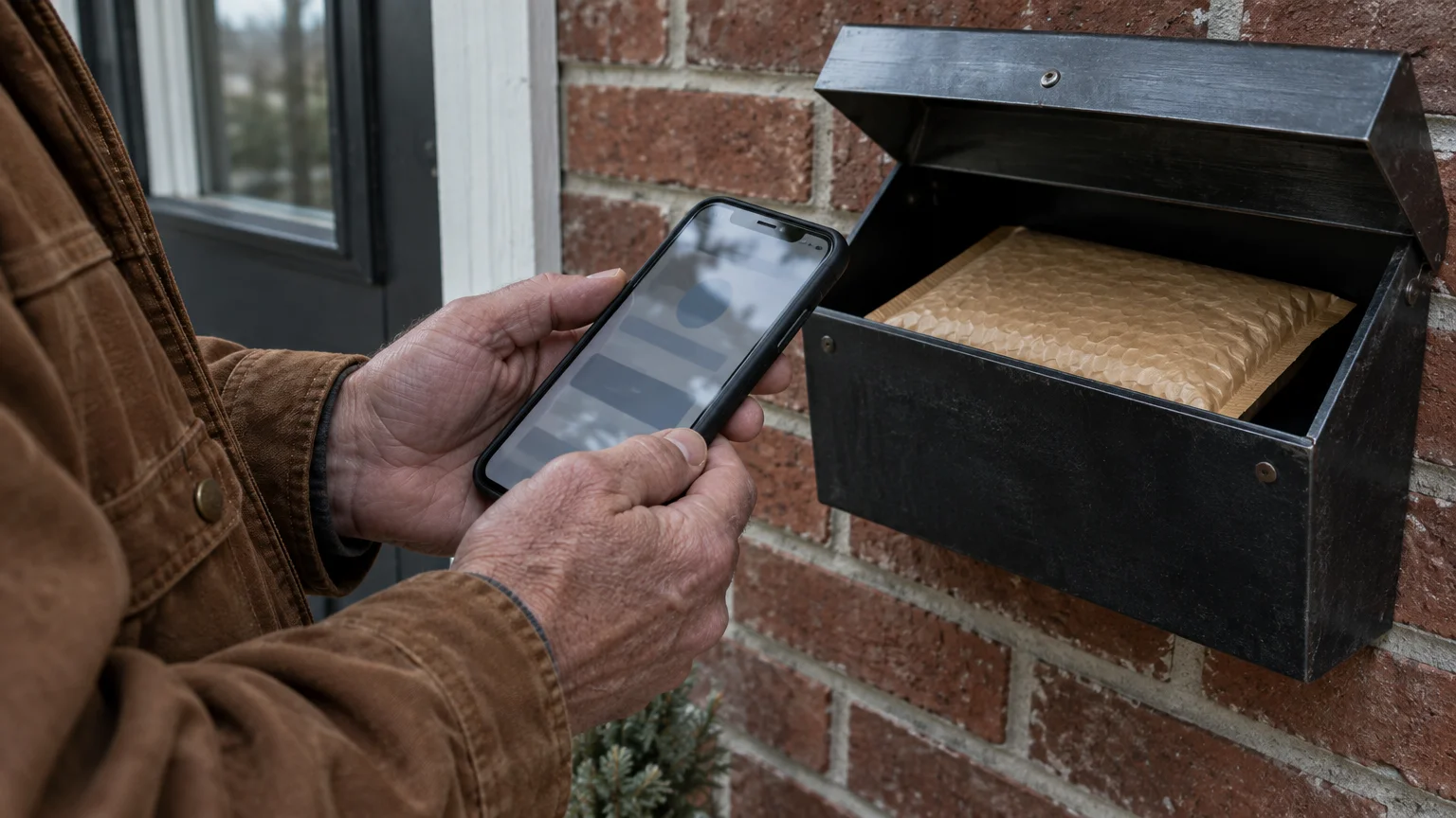 Hands holding a smartphone next to an open metal mailbox containing a padded envelope on a brick wall.