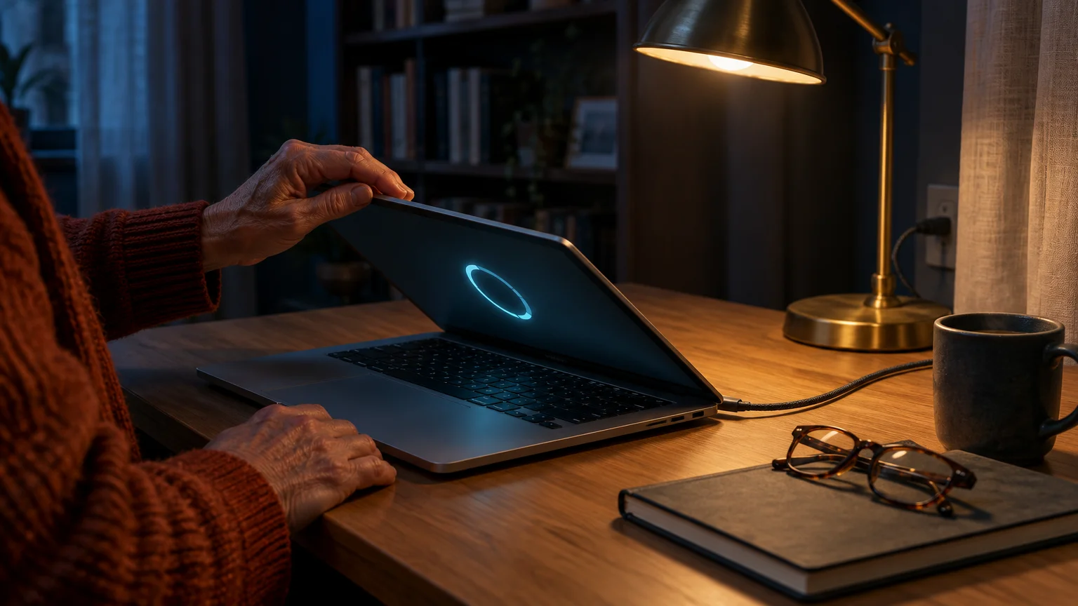 Hands closing a laptop showing a glowing progress ring on screen, next to glasses, a mug, and a desk lamp.