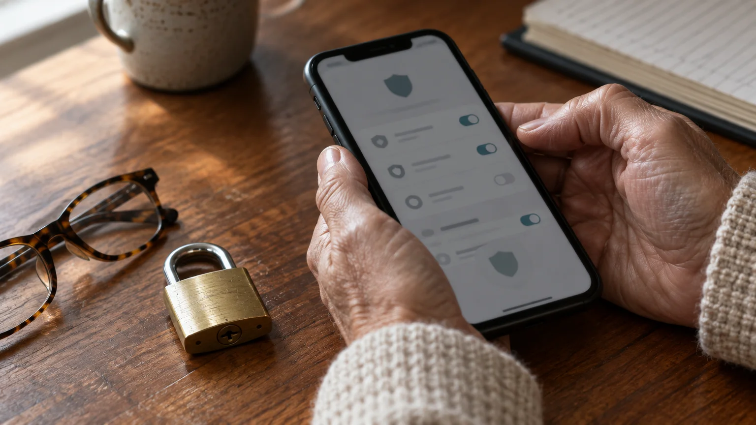 Hands holding a smartphone showing security settings beside a brass padlock and eyeglasses on a wooden table.