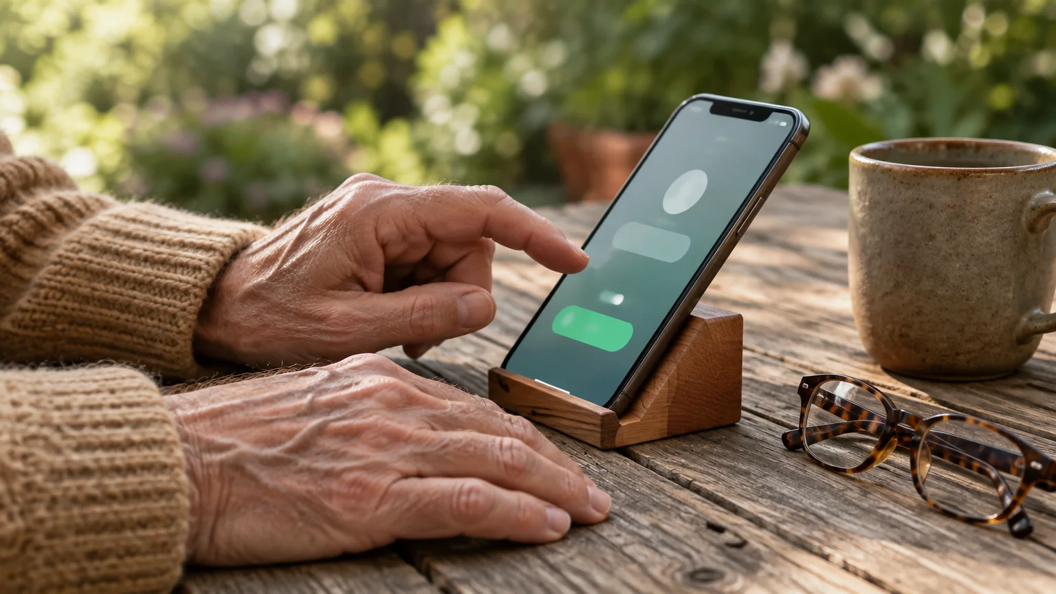 An older person's hands reaching toward a smartphone propped on a wooden stand next to eyeglasses and a mug.