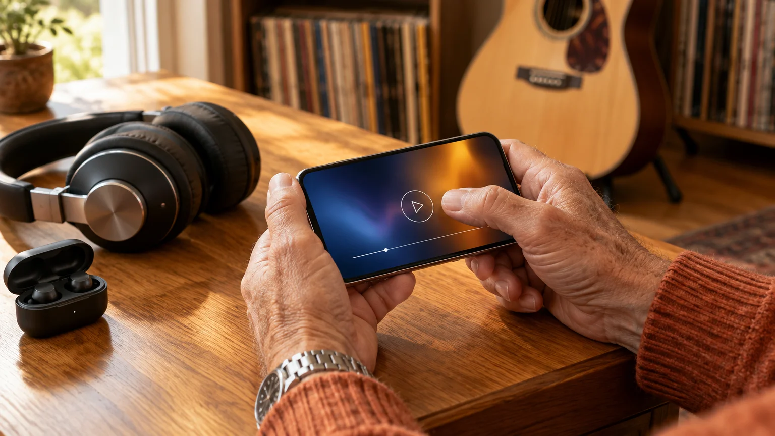 Person holding a smartphone displaying a media player on a wooden desk near headphones and an acoustic guitar.