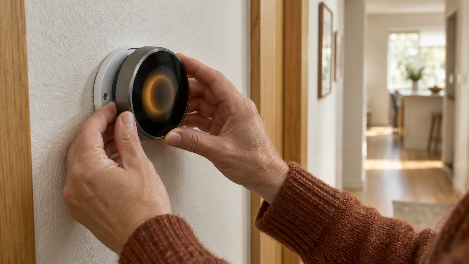 Hands mounting a round digital smart thermostat onto a hallway wall inside a home.
