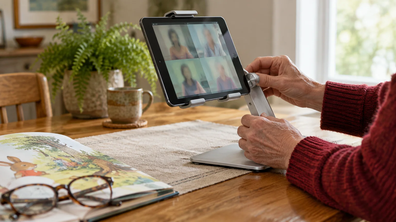 A person adjusts a tablet mounted on a silver stand showing a video call, set on a wooden table with eyeglasses.