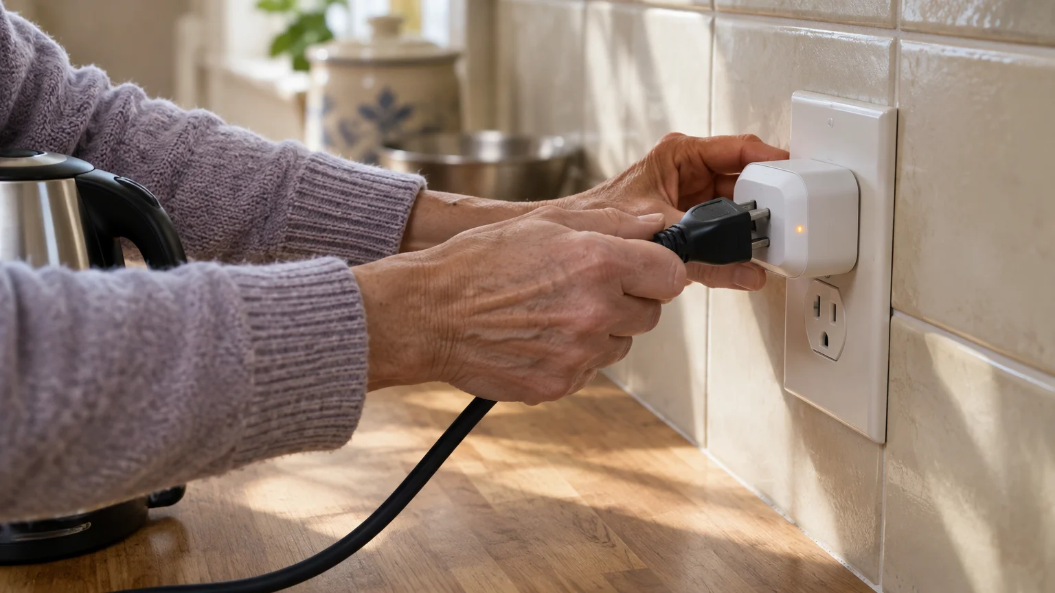Hands inserting a black electrical appliance plug into a white smart plug adapter attached to a wall outlet.