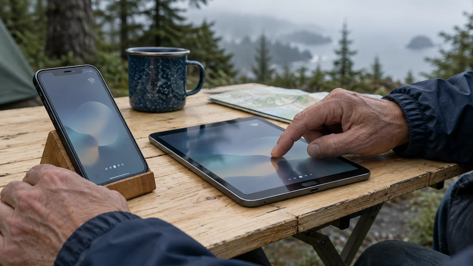 A person using a tablet and smartphone resting on a wooden camping table outdoors overlooking pine trees and mist.