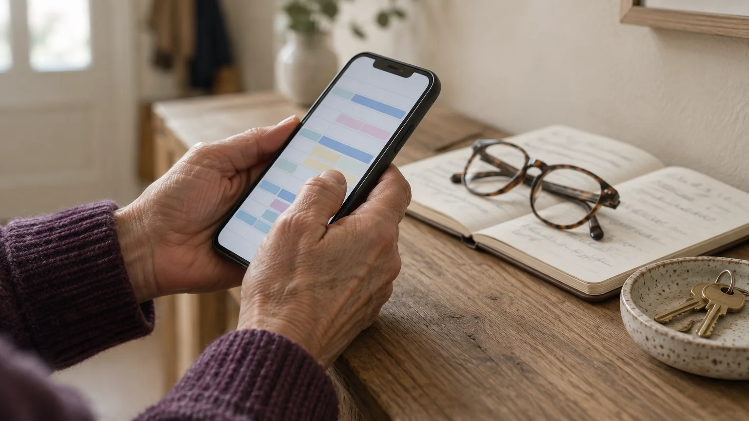 Close-up of hands holding a smartphone displaying a digital calendar beside eyeglasses, an open notebook, and keys.