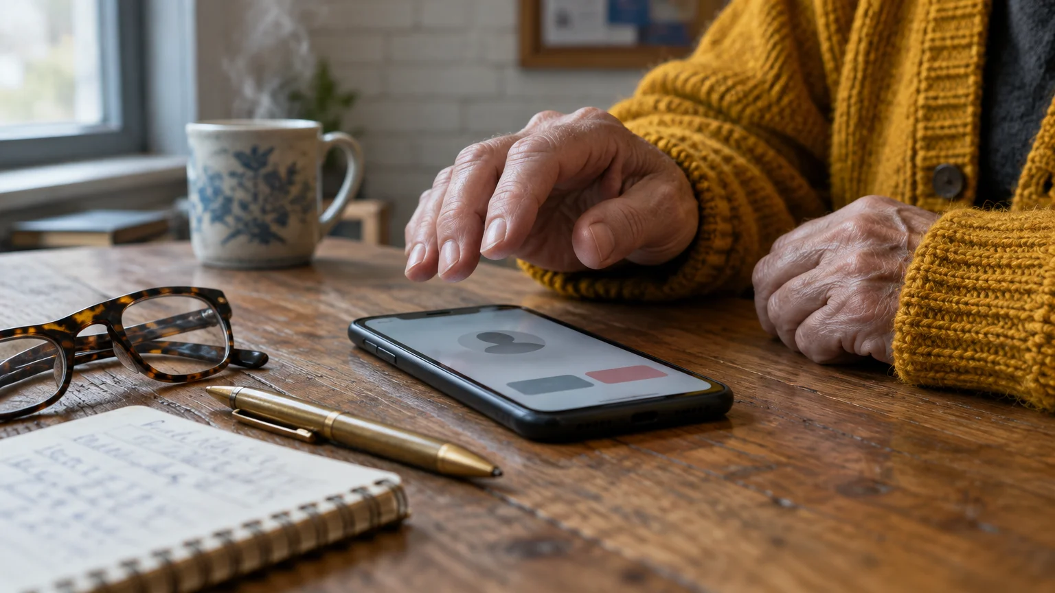 Close-up of an older person reaching toward an incoming call on a smartphone resting on a wooden table.