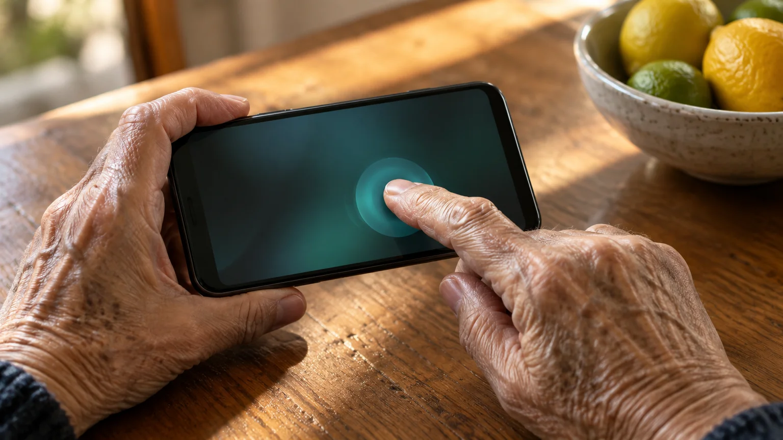 Close-up of wrinkled hands holding a smartphone horizontally and touching the screen above a wooden table.