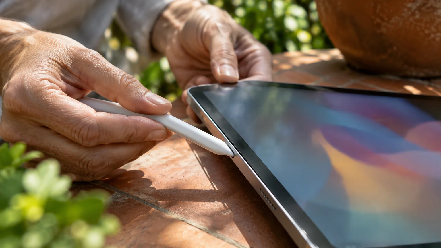 Close-up of hands touching the tip of a white stylus to the edge of an iPad on an outdoor table.