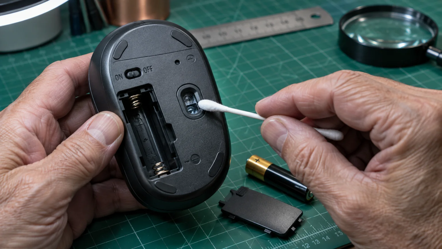 Hands using a cotton swab to clean the optical sensor on the underside of a wireless mouse beside a removed AA battery.