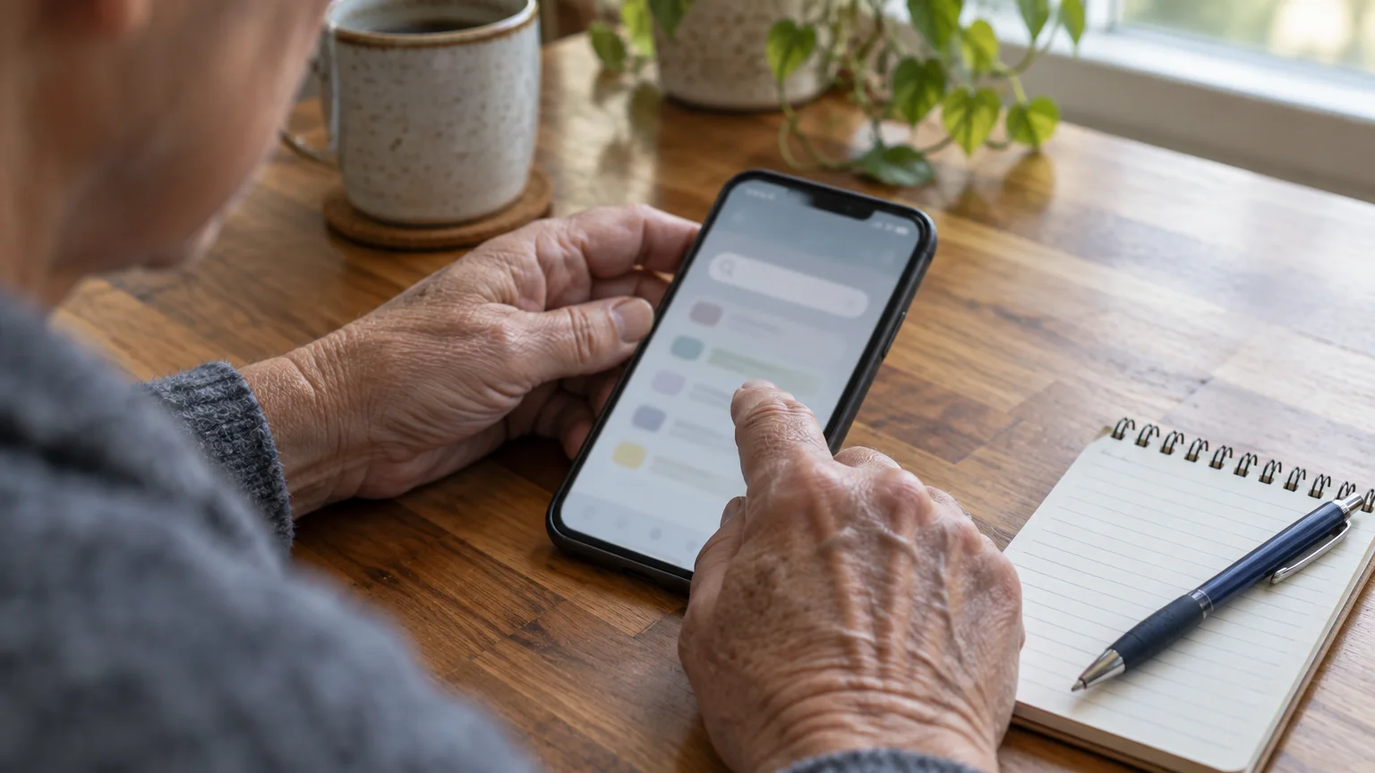 Over-the-shoulder view of an older person using a smartphone on a wooden desk beside a notebook, pen, and coffee mug.