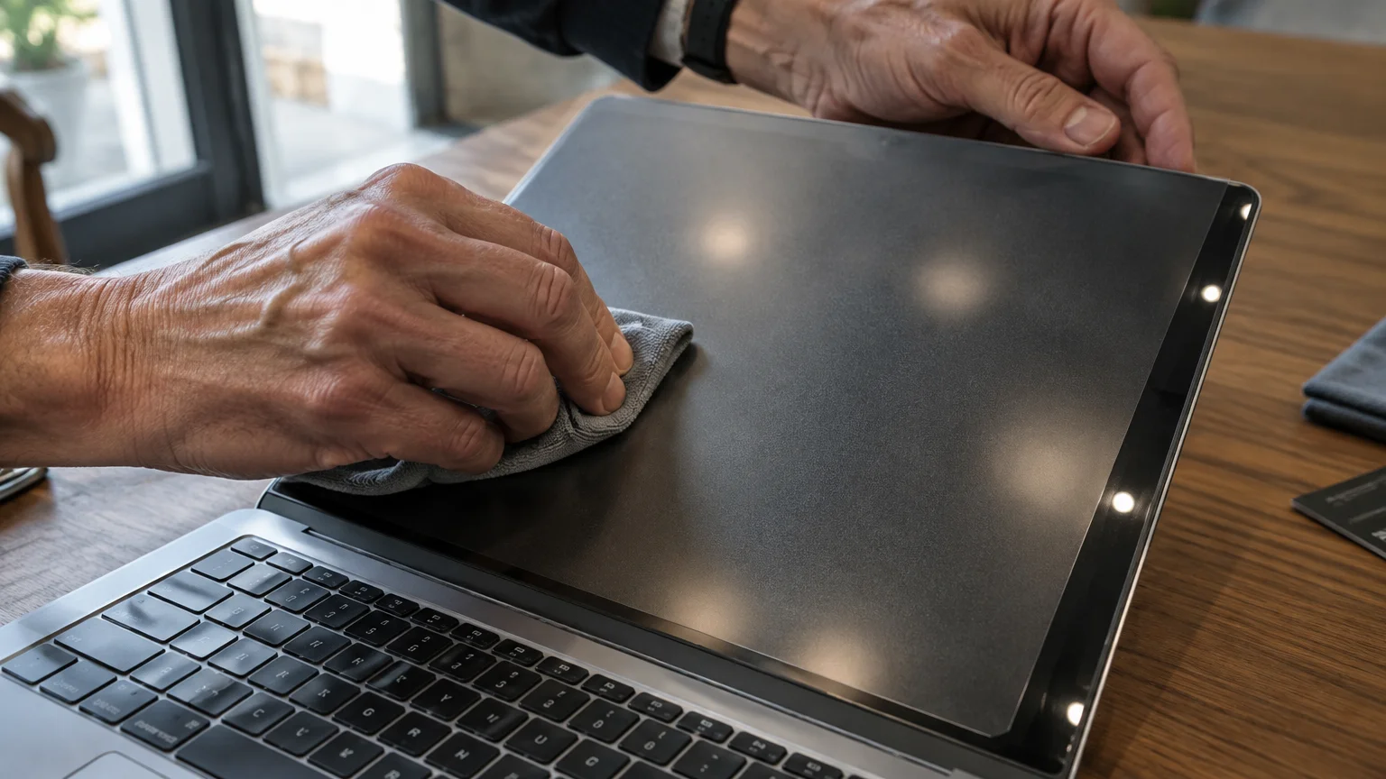 Hands applying a matte screen protector onto an open laptop display using a grey microfiber cloth.