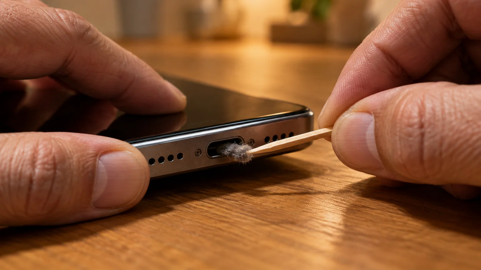 Hands using a wooden toothpick to pull grey lint out of a smartphone's charging port on a wooden table.