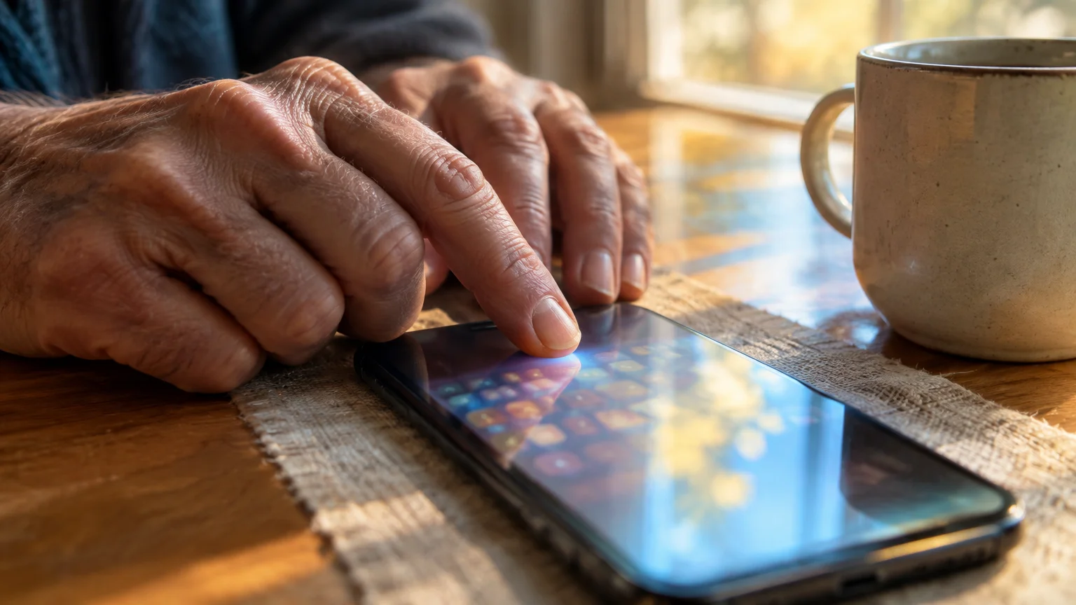 Close-up of an older person's hands tapping a smartphone screen on a wooden table beside a coffee mug.