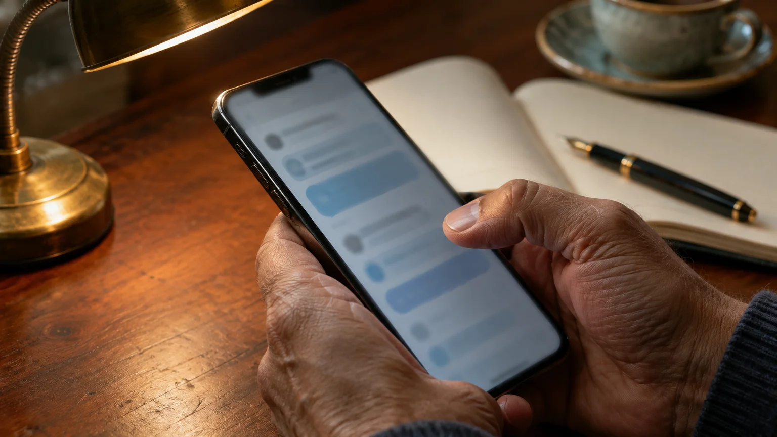 Hands holding a smartphone over a wooden desk beside an open notebook, a pen, and a brass lamp.