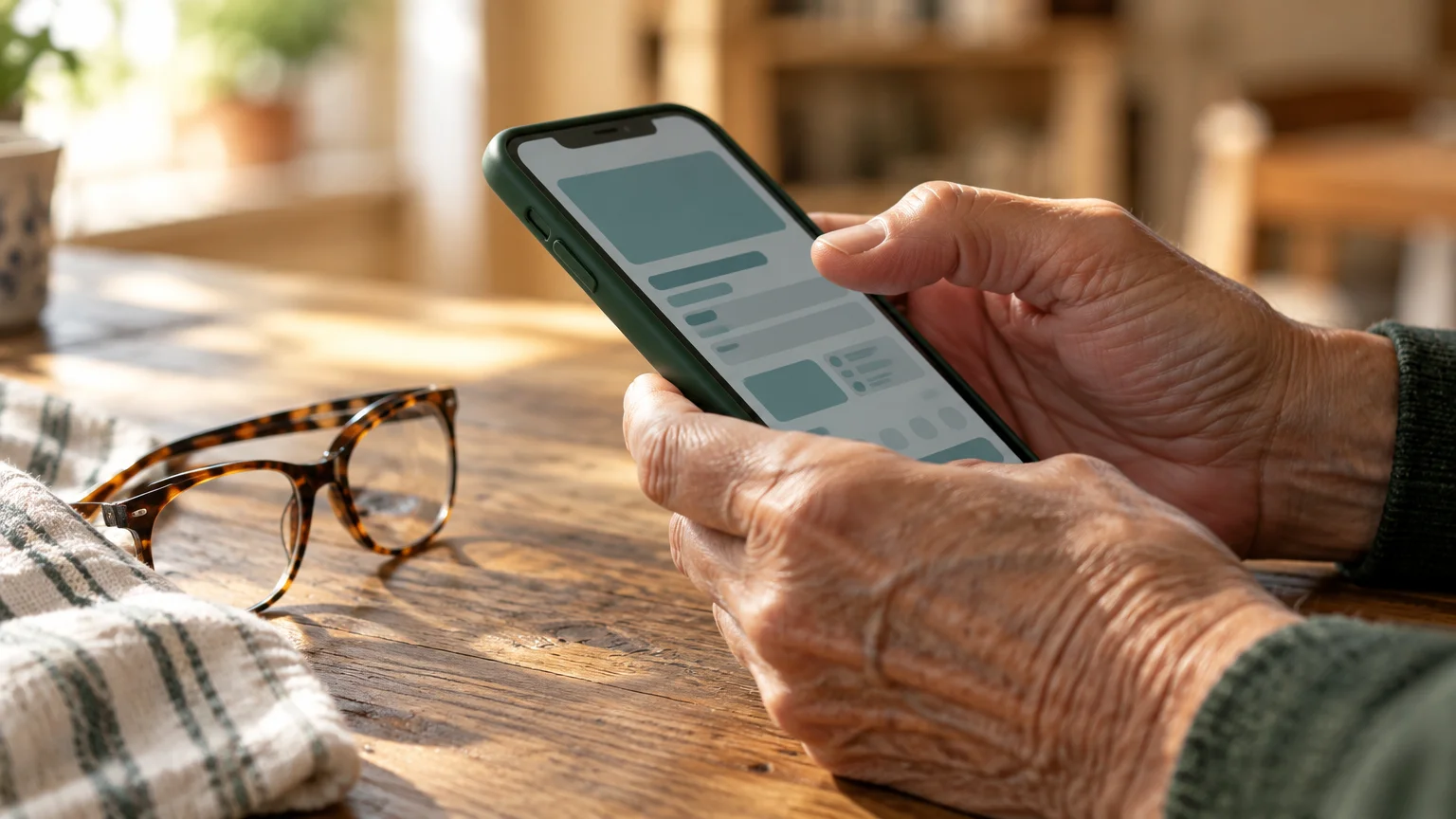 Close-up of an older adult's hands holding a smartphone over a wooden table next to a pair of eyeglasses.