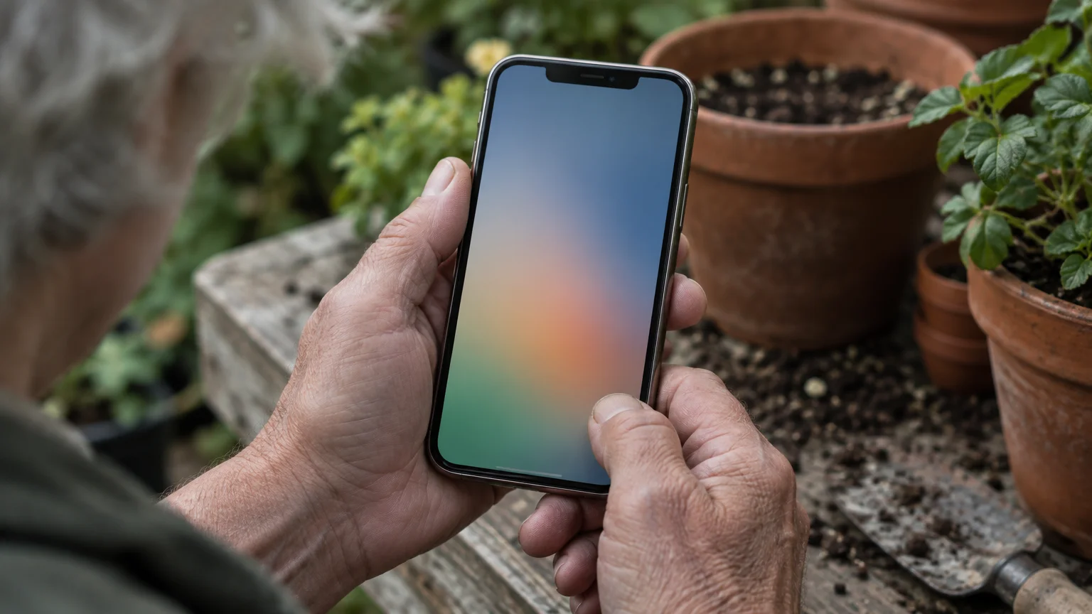 Person holding a smartphone with an abstract blurred screen outdoors beside potted plants and a garden trowel.
