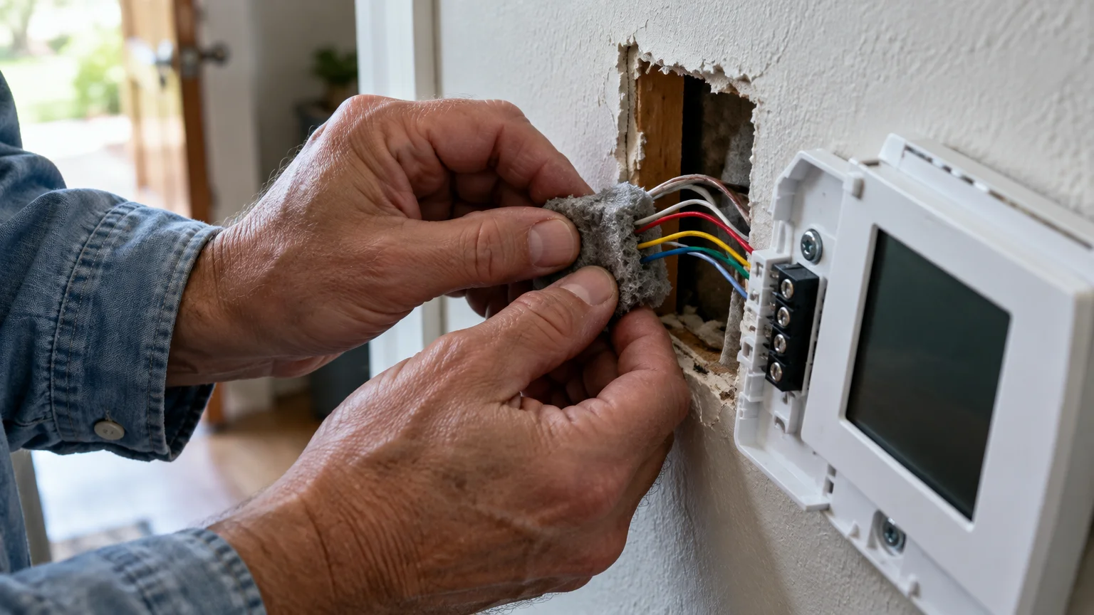 Hands inserting gray insulation foam around wires inside a drywall opening beside an open thermostat baseplate.