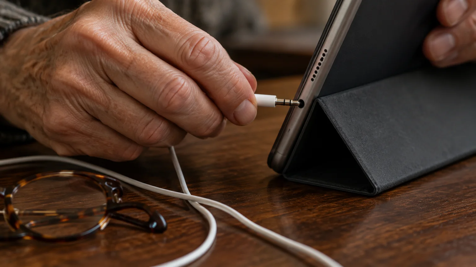 An elderly hand inserts a white 3.5mm headphone jack into the port of a tablet propped up on a wooden desk.