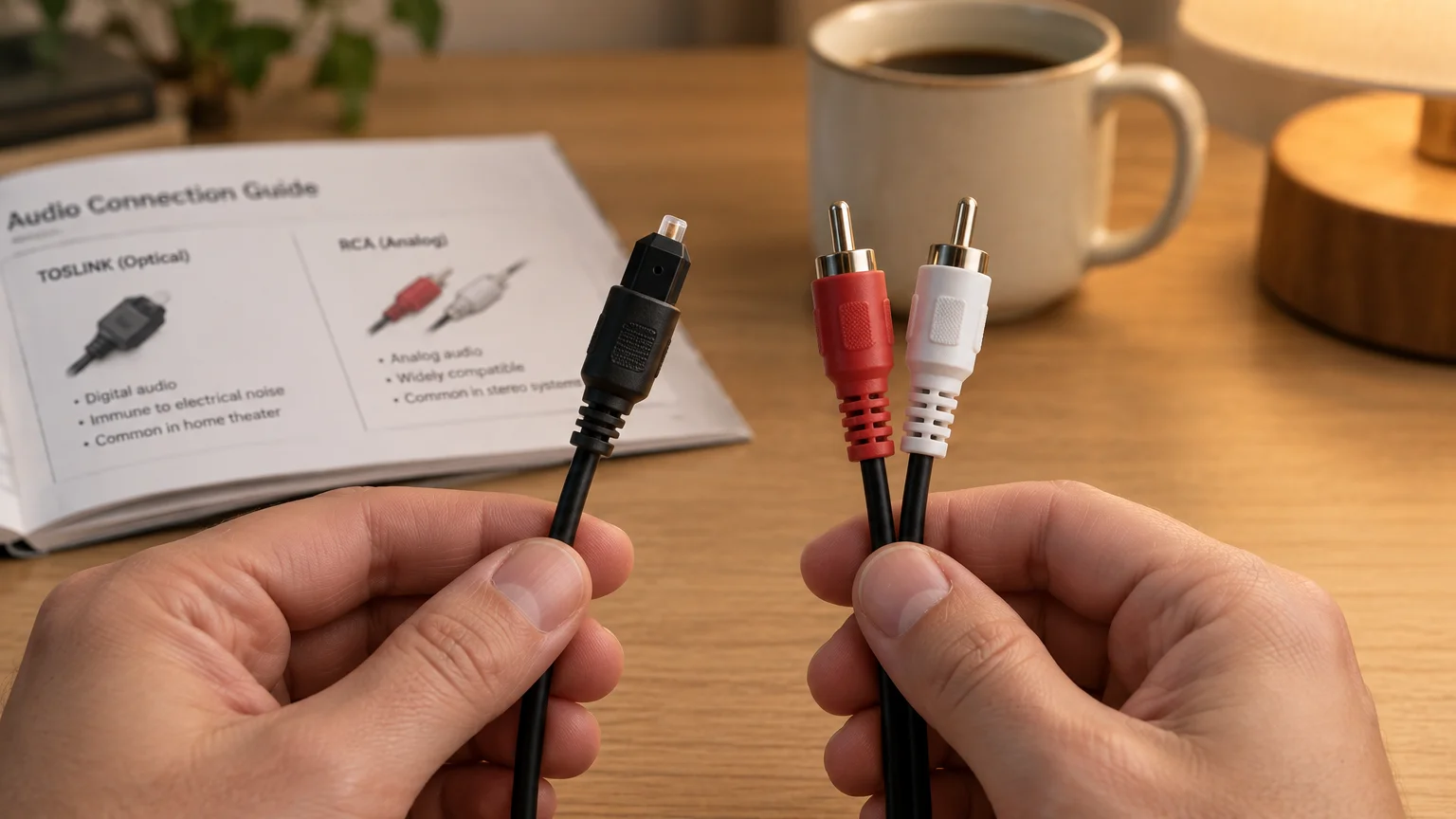 Hands holding a black optical TOSLINK cable next to red and white RCA analog audio cables above an open user manual.