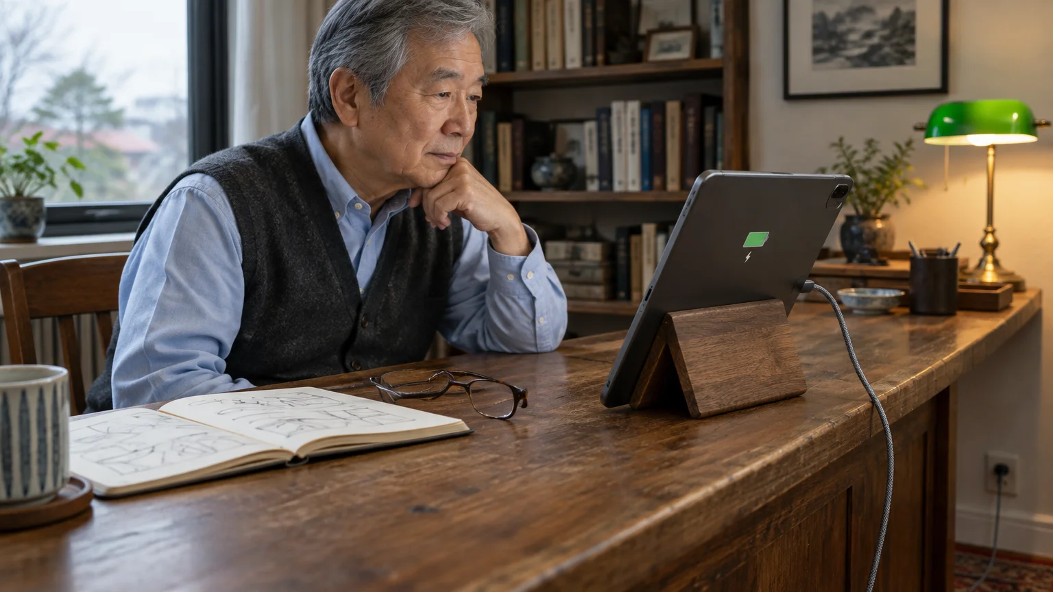 Older man sitting at a wooden desk watching a charging tablet propped on a stand in a study.